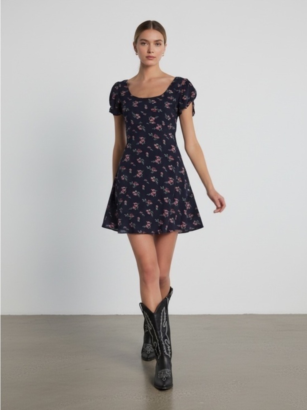 Floral Scoop Neck Mini Dress in Navy with Pink Blooms